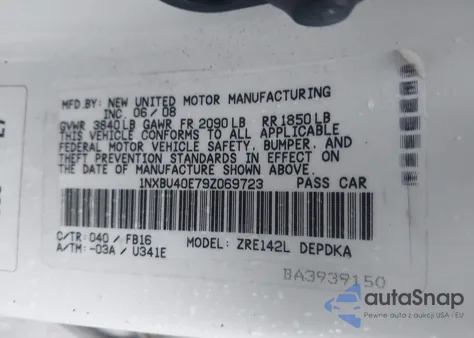 2009 Toyota Corolla Le из США, поврежденный, VIN 1NXBU40E79Z069723